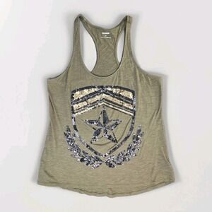 Express Womens Olive Green Sequin Military Crest Racerback Tank Top Large